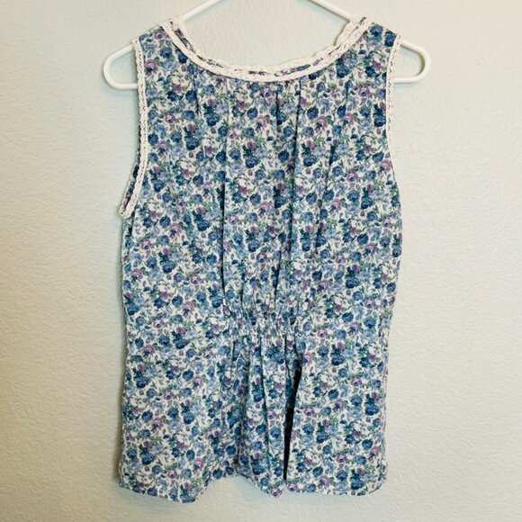 Romy Blue Purple Vintage Floral Crochet Feminine Button Up Sleeveless Top | XL - Picture 5 of 6